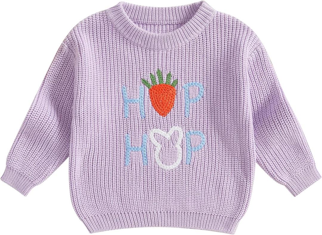 Toddler Girls Sweater Easter Clothes Rabbit Flower Embroidery Crew Neck Long Sleeve Kids Pullovers Fall Tops Size: 18-24 Months