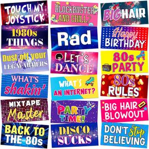 Beeveer 24 Designs 80s Photo Booth Props 1980s Party Decorations Double Sided 11.02 x 5.51'' Funny 70s Disco Birthday Party Decorations DIY Waterproof Selfie Signs PVC Printing Photo Props for Decor