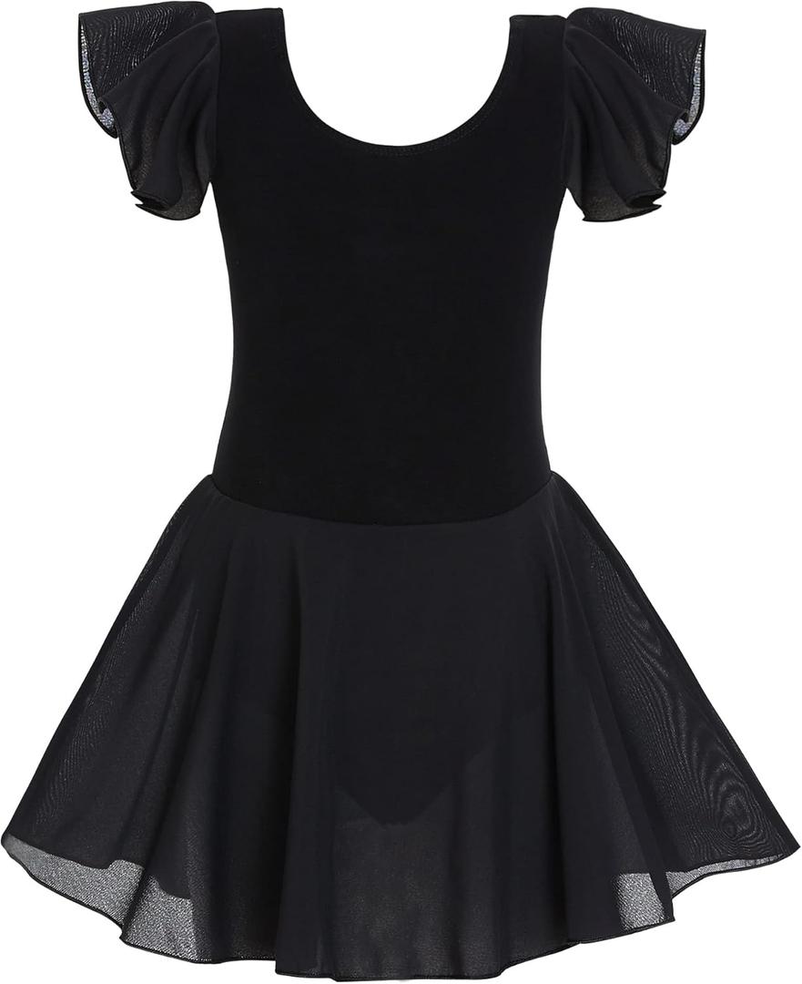 TENVDA Girls Dance Leotards with Skirts Pink Black Toddler Ballet Dress Camisole Ruffle/Short/Long Sleeve for 2-10 Years Kids