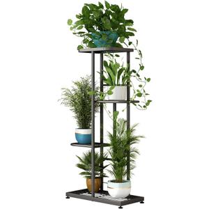 LINZINAR Plant Stand Indoor Outdoor Metal 4 Tier 5 Potted Multiple Flower Pot Holder ShelfPlanter Display Shelving Unit for Patio Garden Corner Balcony Living Room (Dark Grey)