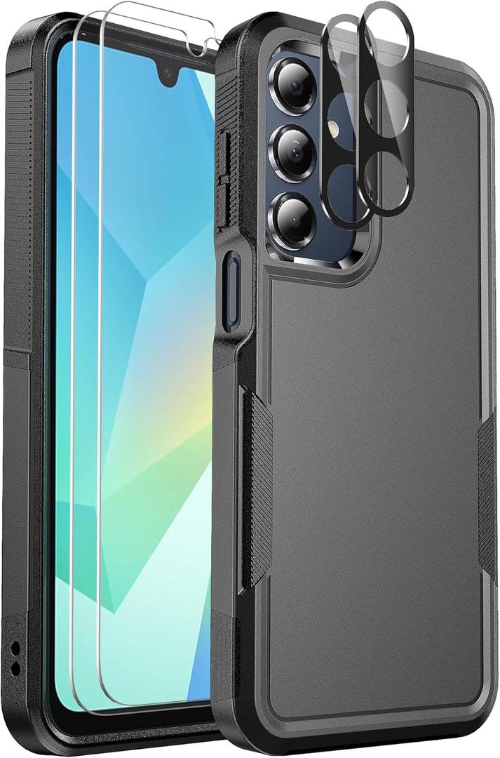 for Samsung Galaxy A16 5G Phone Case, [Military Grade Drop Protection] [Glass Screen Protector + Camera Lens Protector] Non-Slip Shockproof case (Black)