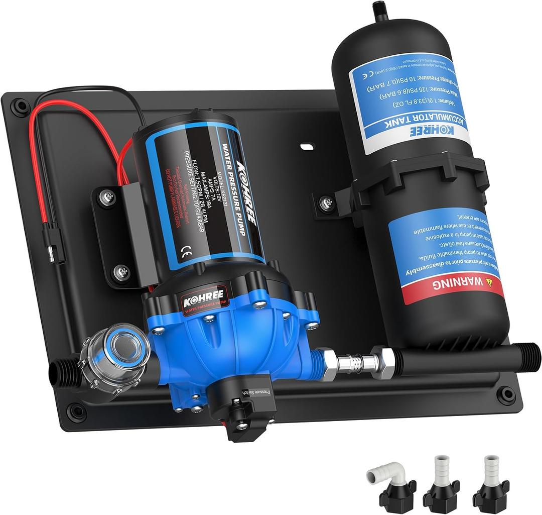 Kohree RV Water Pump 12V DC 7.5GPM 70PSI and 1L 125PSI Pre-Pressurized Accumulator Tank, Quiet RV Water Pump and Accumulator Tank System for RV Camping, Boat, Kitchen, Bathroom