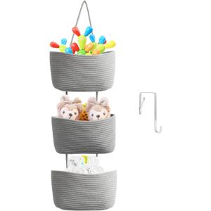 TeoKJ Over the Door Hanging Basket, 3-Tier Woven Cotton Wall-Mounted Storage Organizer Bag Decorative Hanging Nursery Baskets, Gray
