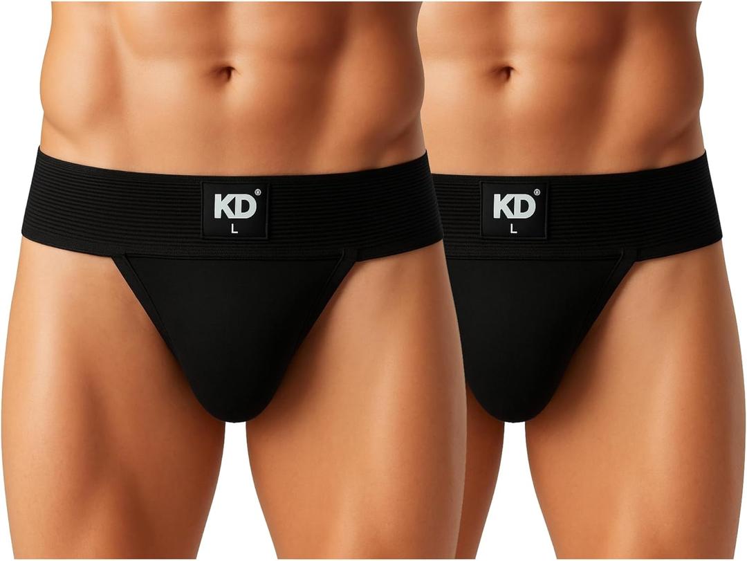 KNK Regent Mens Cotton Gym Supporter Jockstrap | 100% Cotton | 3 Waistband | Back Covered (Medium, Black - Pack of 2)