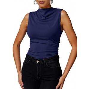 Women's Summer Ruched Mock Neck Top Dressy Casual Draped Sleeveless Work Tank Tops (L)