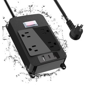 Outdoor Power Strip with USB C, Heavy Duty Waterpoof Surge Protector with 4 Outlets, 2 USB C Ports, 6ft Flat Plug Extension Cord Wall Mount for Bathroom, Kitchen