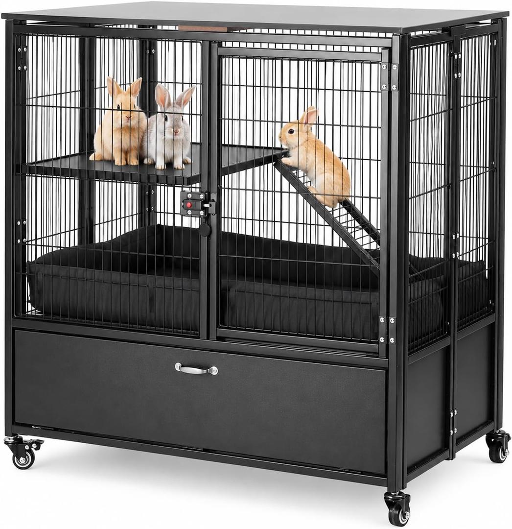 Large Metal Small Animal Cages, 2-Tiers Rolling Ferrets Cage, Cage for Critter Rats/Chinchillas with Removable Ramps & Door, Cages with Locker, Squirrel Cage Christmas Decoration Pet Crate Furniture