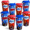 24 Pcs Spider Themed Party Cups with Lids, 16oz Reusable Plastic Cups in Red Blue for Kids Birthday, Comic Hero Theme Party Decorations Supplies Tableware