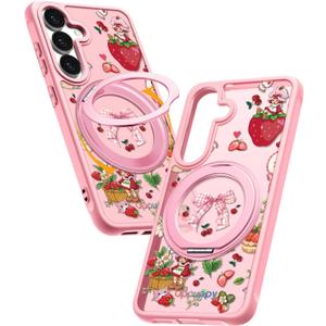 Uppuppy for Samsung Galaxy S25 Case - Compatible with MagSafe for Women Girls Bulit-in 360 Rotatable Magnetic Ring Holder Kickstand Cute Aesthetic Pink Strawberry Design for Samsung S25