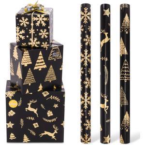 Toptime Christmas Wrapping Paper Roll, 17In x120In Black Gold Gift Wrapping Paper with Gift Bows Stickers, Metallic Foil Wrapping Paper w/Snowflake Christmas Tree Reindeer Design for Holiday New Year
