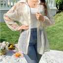 Women's Oversized Sheer Mesh Blouses Floral Embroidery Collared Shirts Long Sleeve Tops Fall Outfits (Beige, L)