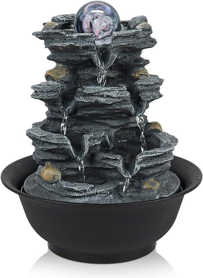Tabletop Water Indoor Fountain Waterfall Indoor Water Fountains Feng Shui Zen Decorative Desktop Fountain with Colored Led Light and Spinning Ball for Room,Office(Style 1)