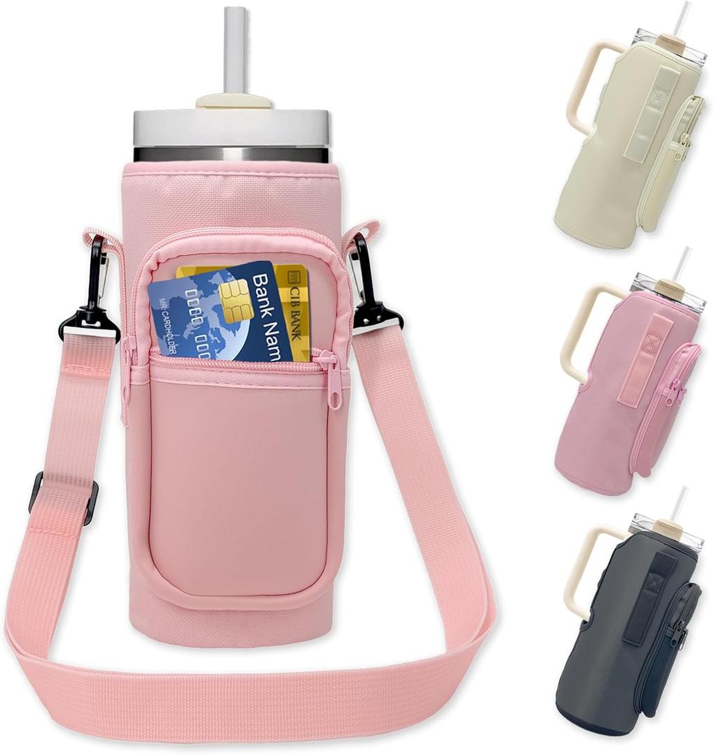 Water Bottle Holder with Strap, Insulated Crossbody Sling Bag, Carrier with Phone Pocket for Walking Hiking Camping Fishing (For Stanley Cup 40 oz, Pink 1)