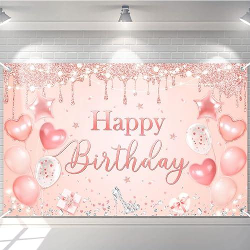 Avezano Happy Birthday Banner for Women and Girls Pink and Rose Gold Birthday Party Decorations Glitter Happy Birthday Backdrop Pink Birthday Party Supplies 70.8 x 43.3 Inch