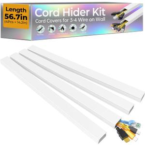 56.7in Cable Hider Cord Hider, Wire Covers for 3-4 Cords on Wall, Premium Cord Covers for Wires on Wall, Easy Set-up Wire Hider to Hide Tv Wires, Lamp, Speaker Cords, W1.18 H0.6in, White