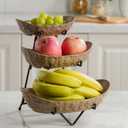 3 Tier Fruit Bowl for Kitchen Counter, Ceramic Fruit Basket with Metal Stand Tiered Fruit Display Set for Fruit, Vegetable, Cake, Dessert, Nuts, Snack, Brown (Large+Middle+Small)