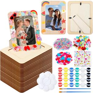 Picture Frame Painting Craft Kit,24 Pack Unfinished Wooden Picture Frames 4 x 6 Inch with Pearl Resin Diamond and Foam Stickers for DIY Paint and Decorate Craft Birthday Wedding Gifts