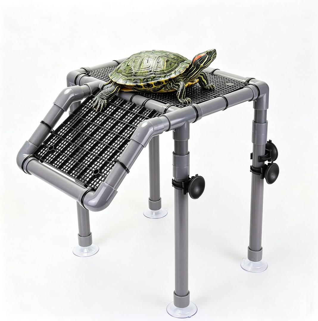 Large Turtle Basking Platform for Aquatic Turtles, Sturdy Standing Turtle Dock with Non-Slip Ramp, Red Ear Slider Tank Accessories for 25/29/40/55 Gal, Gray/Black