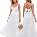 HTZMO Women Casual Summer Floral Maxi Sundress V Neck Spaghetti Strap Bow Tie Backless Flowy Boho Beach Long Dress 2026, Small