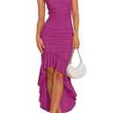ZESICA Women's 2025 Summer Ruched Bodycon Dress Sleeveless Backless Ruffle Mermaid Cocktail Wedding Party Dresses,Eggplant,Medium