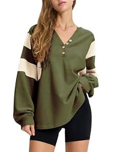 EXLURA Women's Oversized V Neck Henley Shirt Patchwork 2024 Color Block Sweatshirt Long Sleeve Button Pullover Tunic Tops Army Green, Size XS 