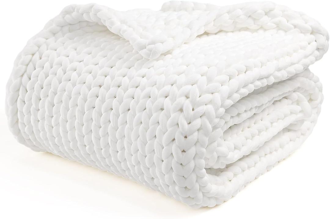 YnM Velvet Weighted Blanket, Handmade Chunky Knitted Design, Soft and Cozy, Temperature Regulating and Breathable, Machine Washable Throw for Sleep or Home Decor (White, 80x87 Inch, 25lbs)