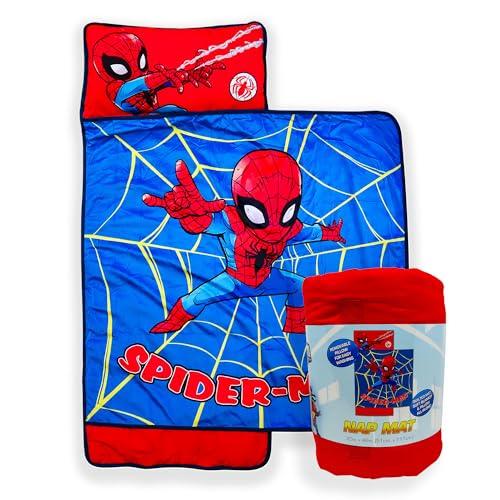 Jay Franco Kids Nap Mat with Embedded Pillow & Blanket – Soft 46"x20"Microfiber Sleeping Bag with Name Tag & Handle for School, Travel, Sleepover, Blue - Spiderman