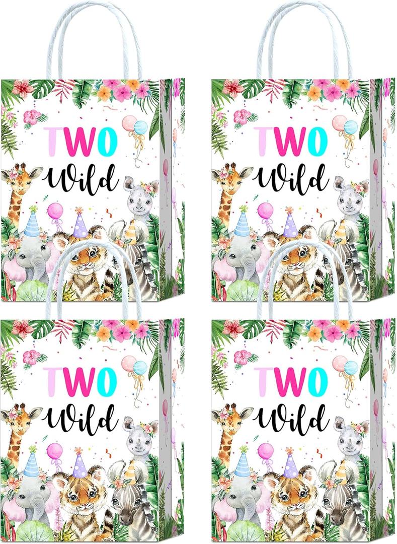 Two Wild Birthday Party Favor Bags - 16 Pcs Goodie Bags for Born to Be Wild Girl's Jungle Safari Decorations, Candy Bags for 2nd Birthday