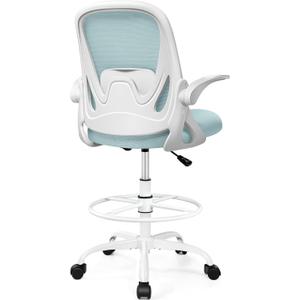 Drafting Chair Tall Office Chair with Flip-up Armrests, Adjustable Height, and Enhanced Lumbar Support - Ergonomic Rolling Stool, Back Support, and Adjustable Foot Rest Ring Light Blue 934W-Z