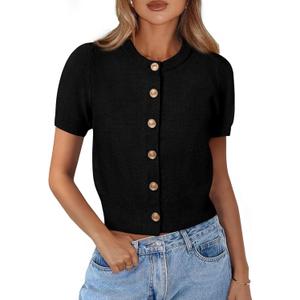 PRETTYGARDEN Womens Casual Summer Short Sleeve Cardigans 2026 Button Down Knitted Sweater Basic Crew Neck Crop Tops, M