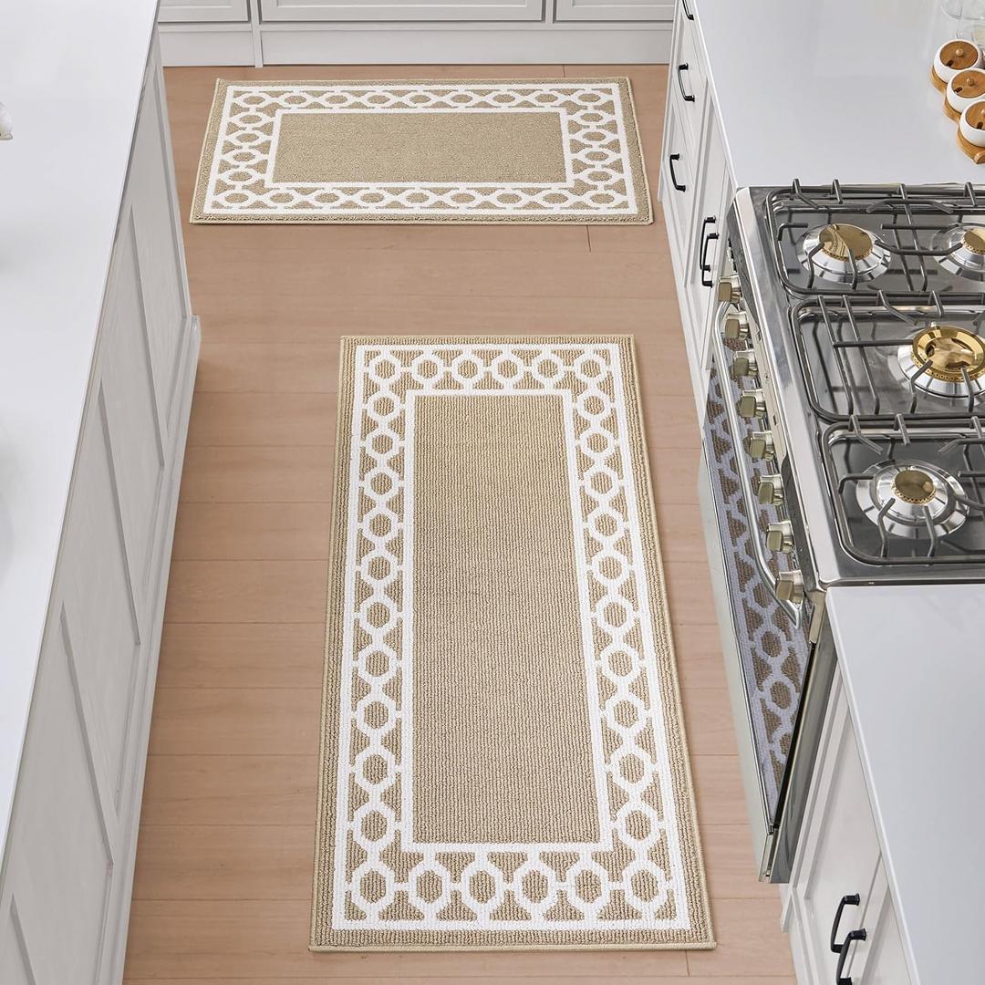 Creative Home Ideas - Tufted Runner 2 Piece Set - Christine Trellis Border Rug - Washable Rug - Accent Carpet for Entryway & Hallway - Measures 26 x 45 & 26 x 60 - Berber and White (Brown and White)
