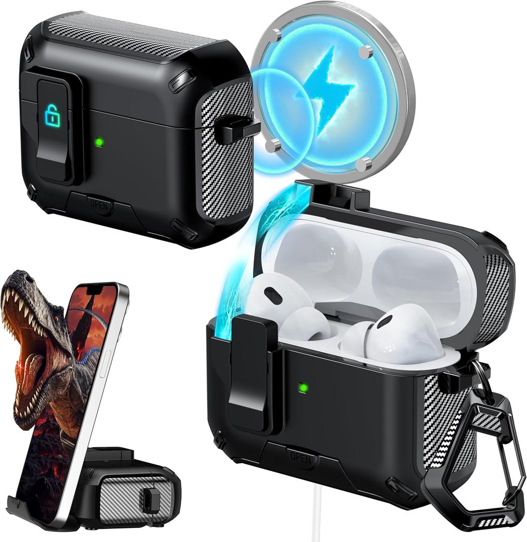 RFUNGUANGO for AirPods Pro1/2 Case 2024 Latest Multi Functional Earphone Case Bracket Function MagSafe Function Anti Fall Lock Automatic Open Cover 2024 A+Series-Black