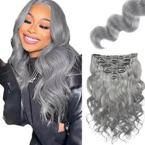 Grey Clip in Hair Extensions Human Hair, Gray Body Wave Remy Human Hair Extensions Clip ins for Women, 20 Inch 120g 7Pcs, Silver Hair Extension
