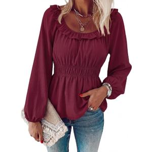 Womens Puff Long Sleeve Babydoll Tops Square Neck Ruffle Peplum Blouse Smocked Loose Fit Tunic Top Dressy Tee Shirts