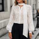 Lingswallow Womens Lace Blouses Puff Long Sleeve Button Down Lace Tops with Removable Tie Neck Lace Shirt for Work & Casual (White, M)
