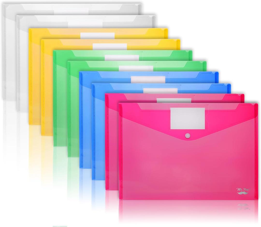 Mr. Pen- Plastic Envelopes, 10 Pack, A4, Letter Size, Plastic Envelopes with Snap Closure (Assorted Colors)