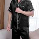 WDIRARA Men's 2 Piece Leopard Print Satin Pajama Set Button Down Short Sleeve Shorts Loungewear Sets (XX-Large, Black)