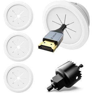 VCELINK TV Cord Hider for Wall Mounted TV, 2.36" (60 mm) Mini White Cable Management Kit Hides TV Wires Push Type, 4 Pack Wall Cord Pass Throughs and 1 Hole Saw Drill Ideal for Mounted TVs, Desks
