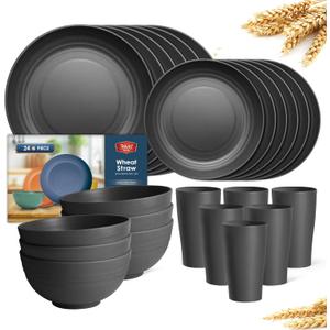 Teivio 24-Piece Kitchen Plastic Wheat Straw Dinnerware Set, Service for 6, Dinner Plates, Dessert Plate, Cereal Bowls, Cups, Unbreakable Plastic Outdoor Camping Dishes, Black