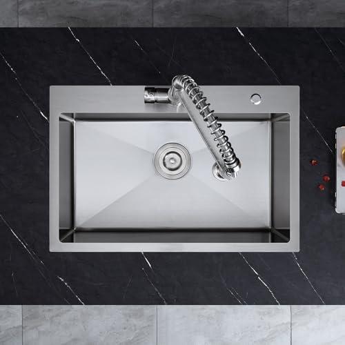 ROVATE 25 x 18 Inch Drop-in Kitchen Sink Single Bowl Stainless Steel, Topmount Handmade Sink for Kitchen or Bar with Basket Strainer