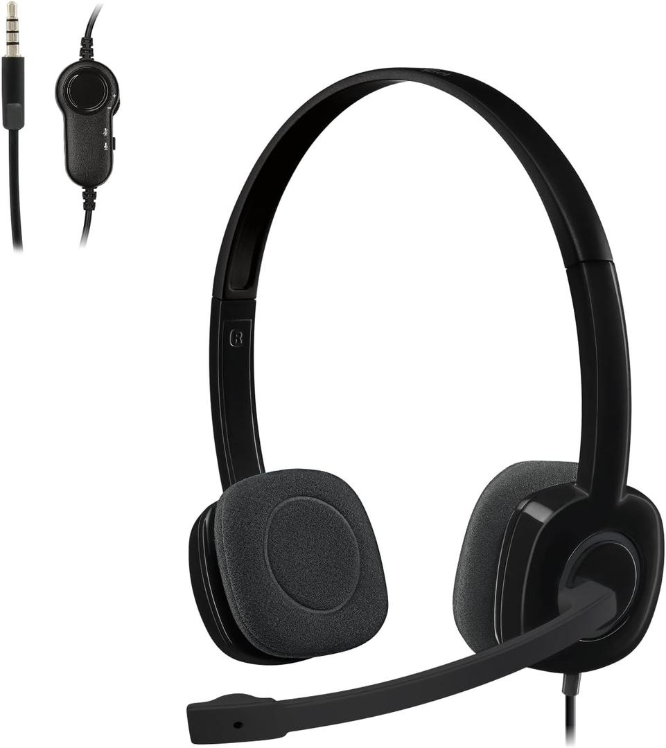 Logitech H151 Wired Headset, Analog Stereo Headphones with Rotating Noise-Cancelling Microphone, 3.5 mm Audio Jack, in-Line Controls, PC/Mac/Laptop/Tablet/Smartphone - Black