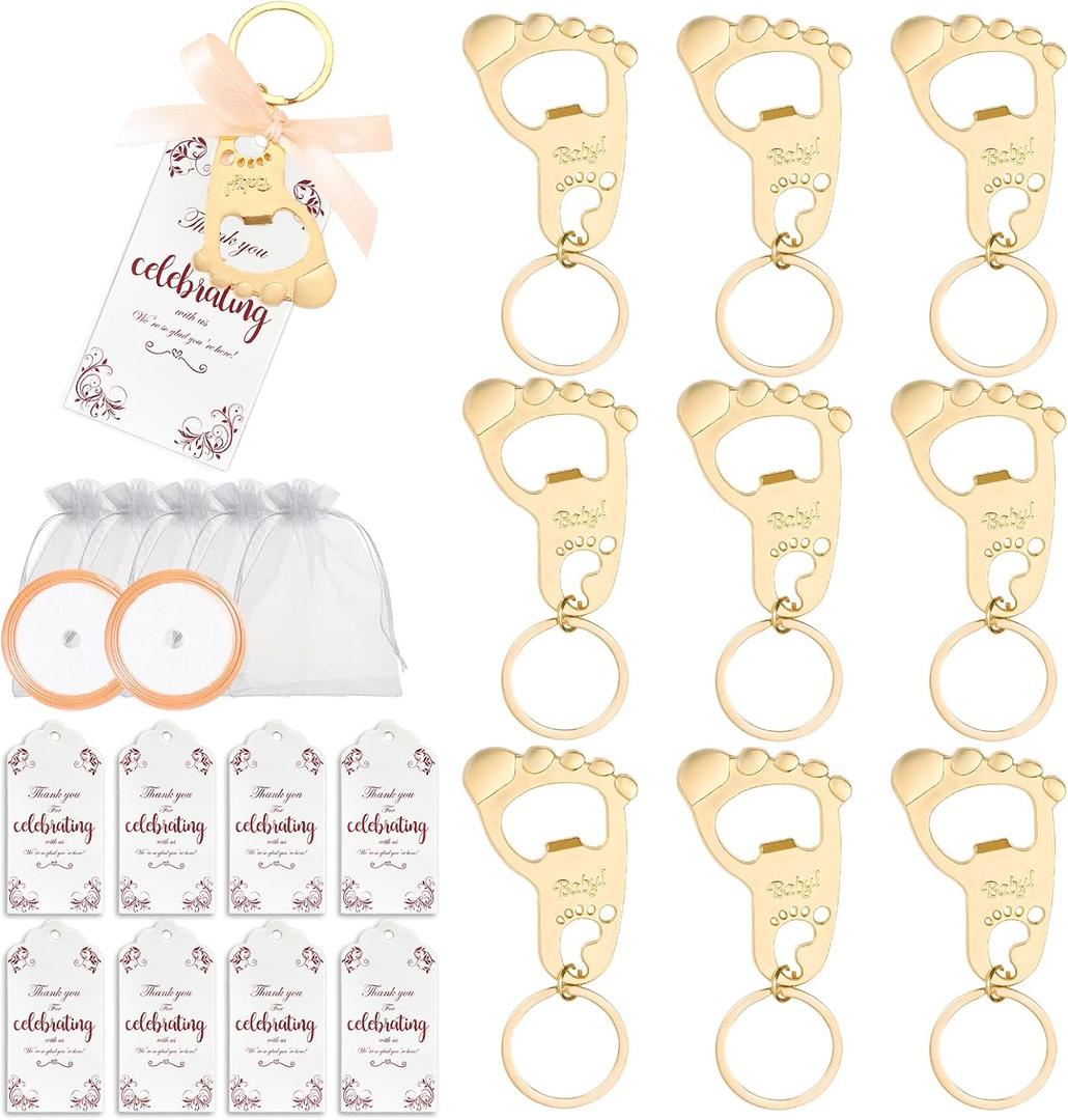 48 Pieces Keychain Baby Shower Favors Bottle Opener Gift Tag, Baby Foot Bottle Opener Gift Shower Party Decoration Or Souvenir Guest KC Gold