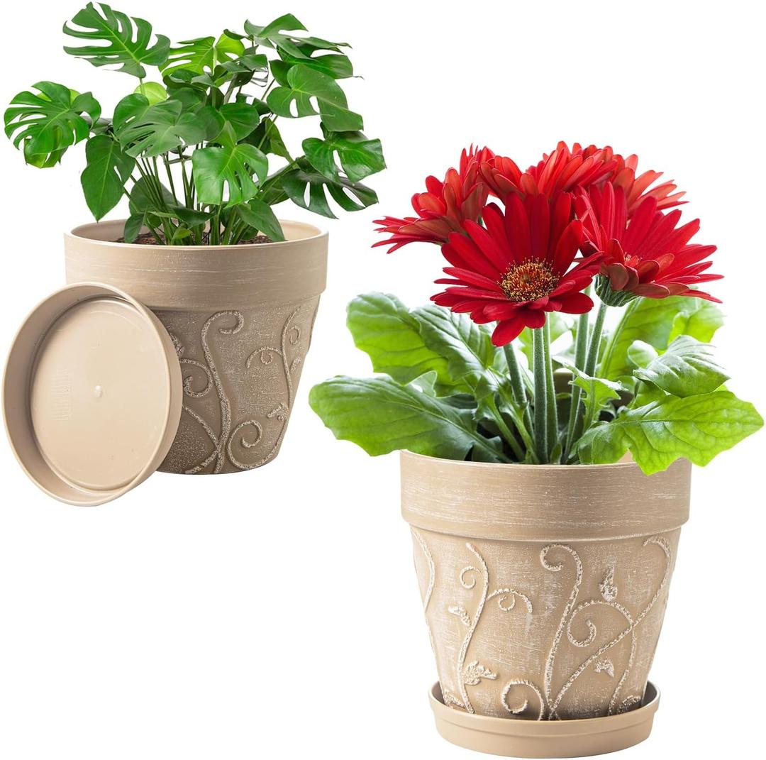 Melphoe Plant Pots Indoor with Drainage & Saucer, 2 Pack 7/8 Inch Flower Pots Outdoor Planters for Indoor Plants Garden Home Decor Cactus Succulent, Rigid Plastic (Imitation-Terracotta) Vine-Embossed (Undecorated Pottery Color)