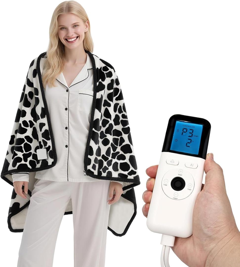Heated Wearable Shawl, Heated Blanket Electric Throw for Gifts, 33x59 Inch Super Cozy Soft Wearable Blanket with 6 Heating Levels & 5 Timer Settings, Auto Shut Off, Machine Wash (Cow Print)