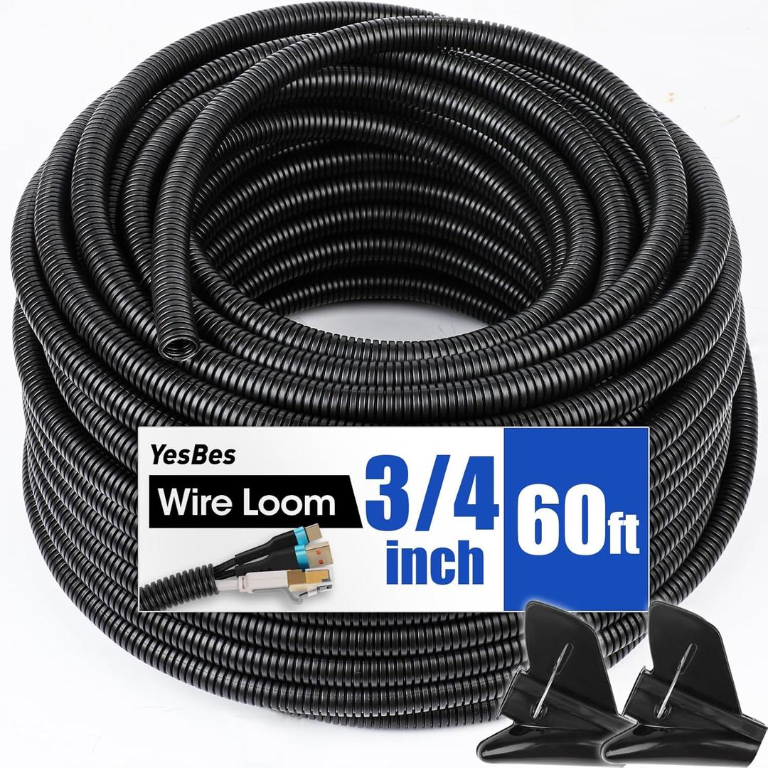60 FT Wire Loom 3/4 Inch, Split Wire Loom Tubing Wire Conduit, Wire Protector Tubing Black