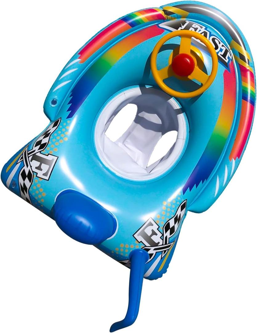 Cute Child Kids Inflatable Pool Float PVC Summer Swim Float Air Bed Lake Boat Swimming Floats with 2 Handles Surfing Raft Bodyboard Floating Mattress Seat Swim Ring for Girls Boys 1-5 Years (Blue FAST, Motorboat Style)