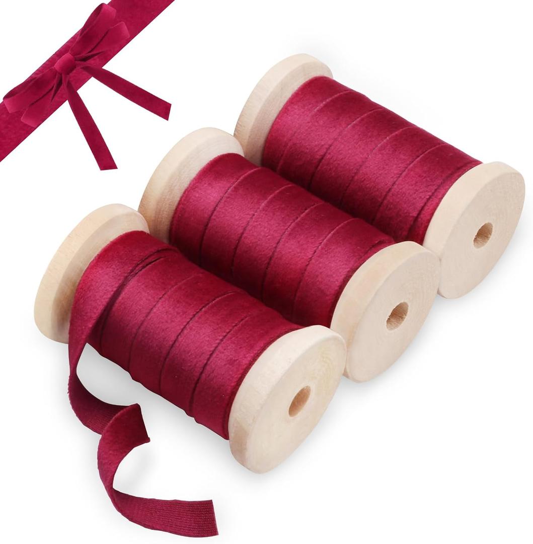 2 x Dark Red Velvet Ribbon 3/8" with Wooden Spool 15 Yd, Burgundy Velvet Ribbon for Christmas Tree, 3Rolls for Christmas Wreath Decoration Gift Wrapping &Bow Making