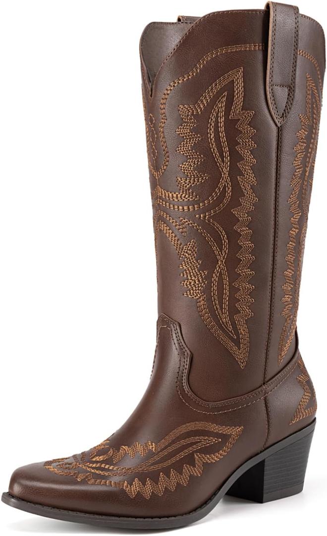 Athlefit Women's Square Toe Cowboy Cowgirl Boots Low Chunky Heel Embroidery Western Mid Calf Boots for Country Concerts (11, Brown)