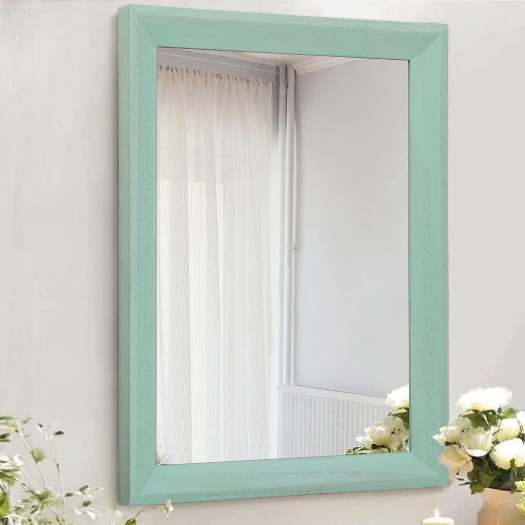 AAZZKANG Wood Framed Mirror Rectangle Modern Farmhouse Wall Mirrors Decor Large 20"x16" for Bedroom Living Room Bathroom Dressing Room Green (Turquoise)
