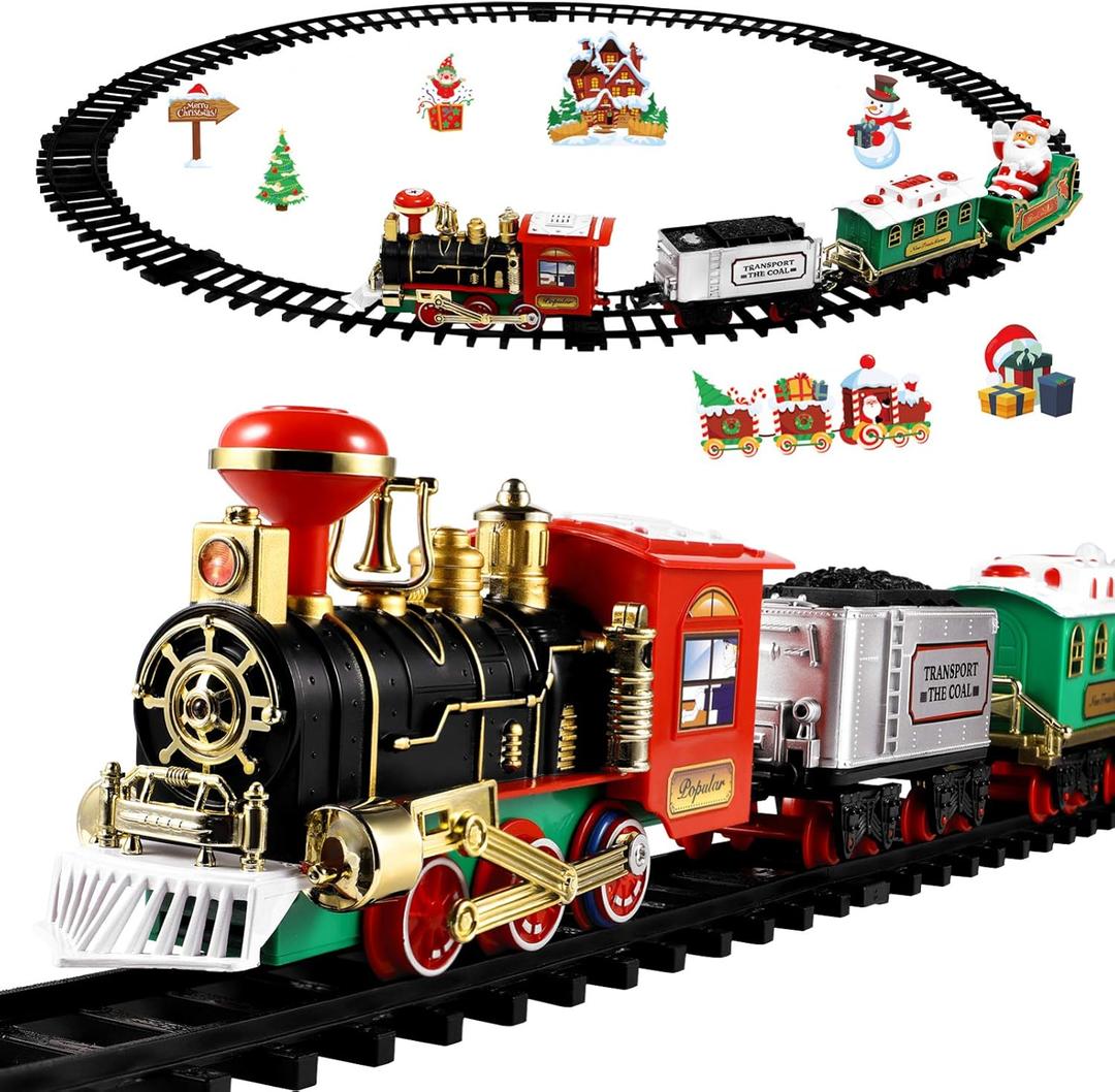 Toyvian Christmas Train Set Festive Battery Powered Train Model Mini Train Lights & Sound, Railway Kits Steam Locomotive Engine, Lights & Sound, Railway Kits